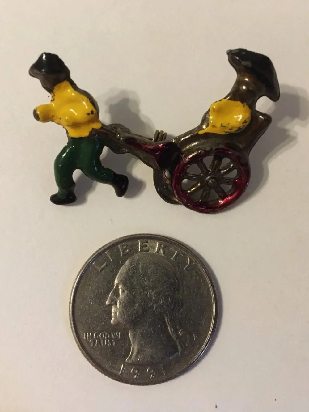 Vintage Rickshaw Pin Brooch Painted Silver Metal Taxi Man Pulling Woman Lapel